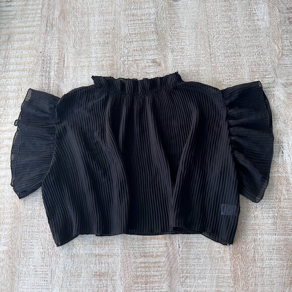 Black Sheer Cropped Blouse/Top/Shirt Ruched Neck Size Large - Picture 1 of 7